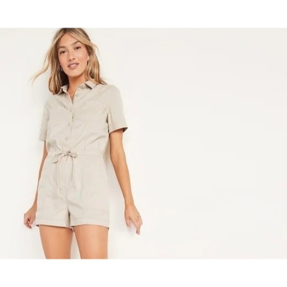 Old Navy Women Waist-Defined Short-Sleeve Specially-Dye Utility Romper 2XL Beige